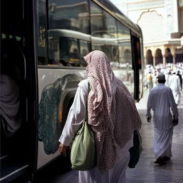 pilgrim boarding bus mecca en route sacred sites