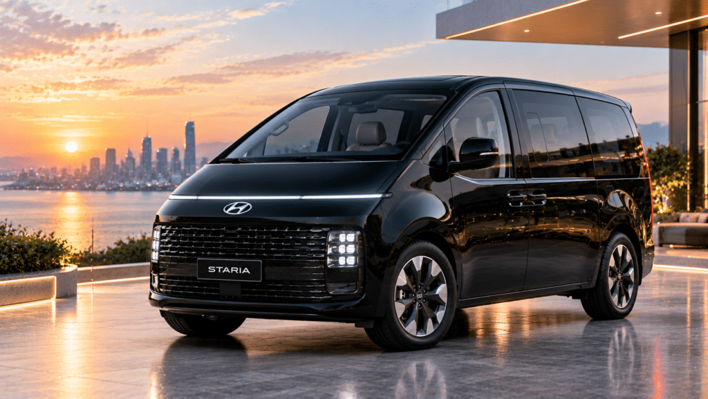 Hyundai Staria Overlooking the Sunset Cityscape