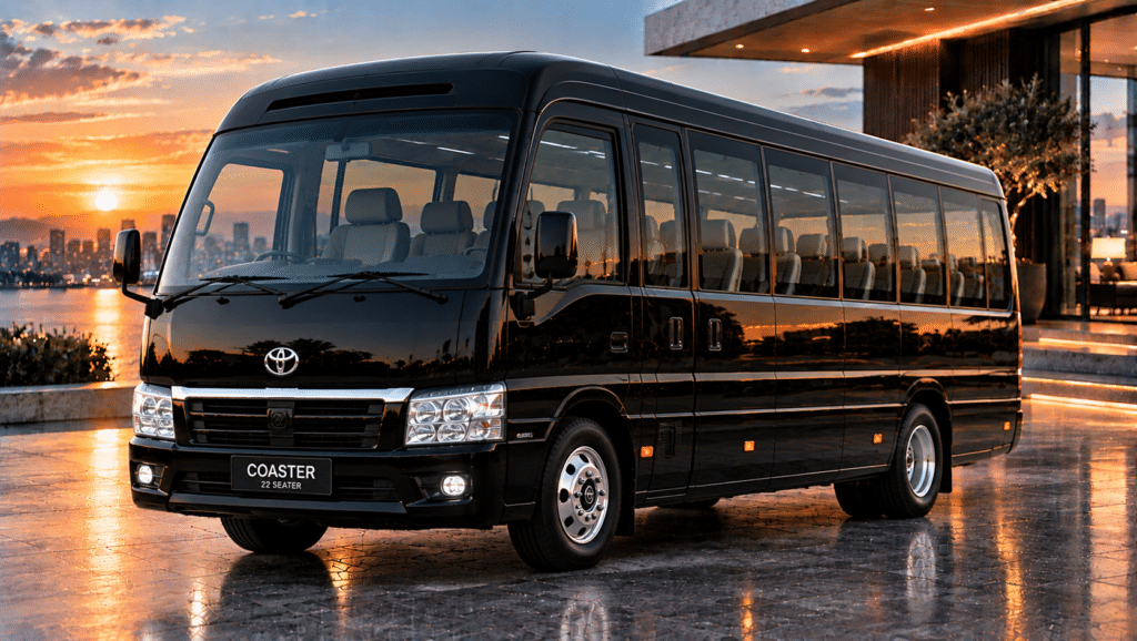 Luxury Toyota Coaster at Sunset